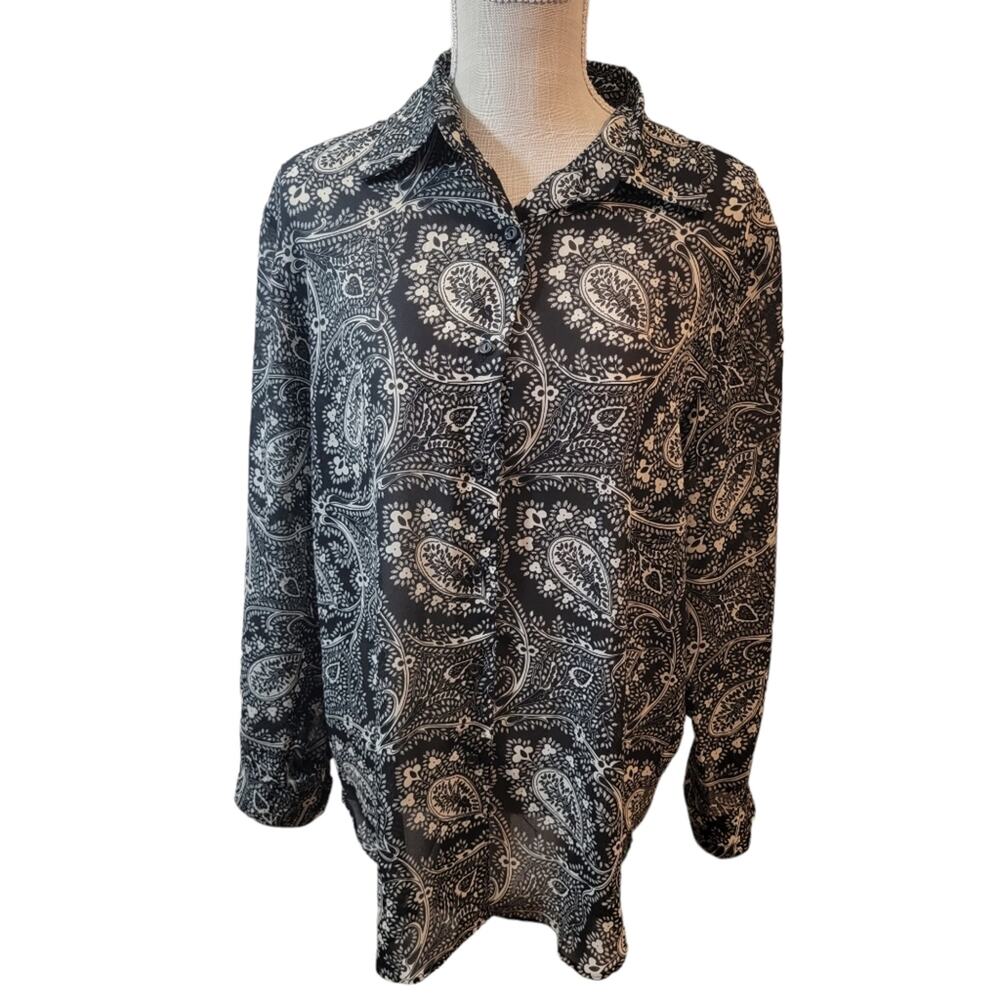 Diane Von Furstenberg Black White Paisley Sheer Long Sleeve Button Up Shirt S/M